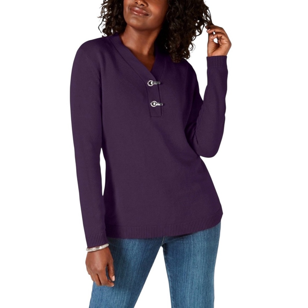 NWT🌺Karen Scott•Hardware Henley Purple V Neck Sweater